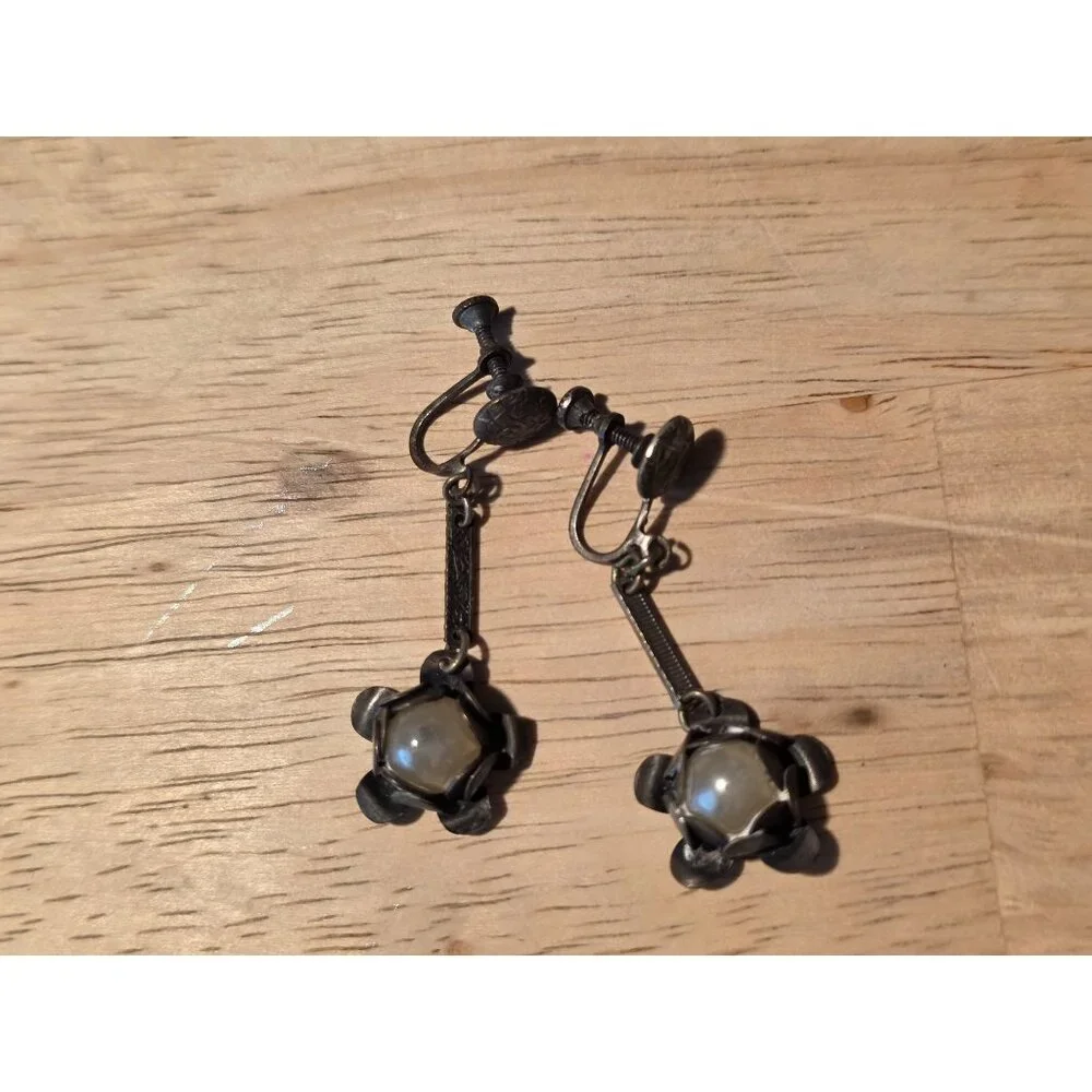 Vintage Screw‎ Back Floral Drop Earrings With Faux Pearl Accents